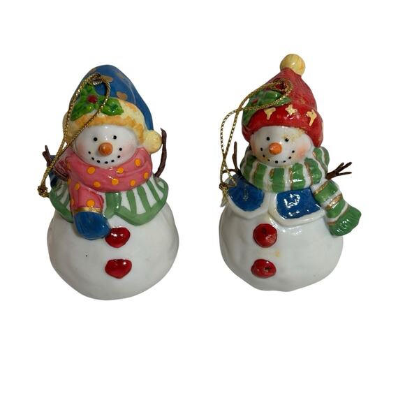 Snowman Christmas Tree Ornaments Holiday Bells Ceramic Hand Painted Set Of 2 - Picture 1 of 5